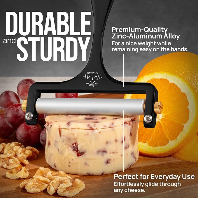 Zulay Kitchen Stainless Steel Wire Cheese Slicer - Adjustable Hand Held Cutter with 2 Extra Wires - Premium Cheese Shaver For Mozzarella, Cheddar, Gruyere - Black