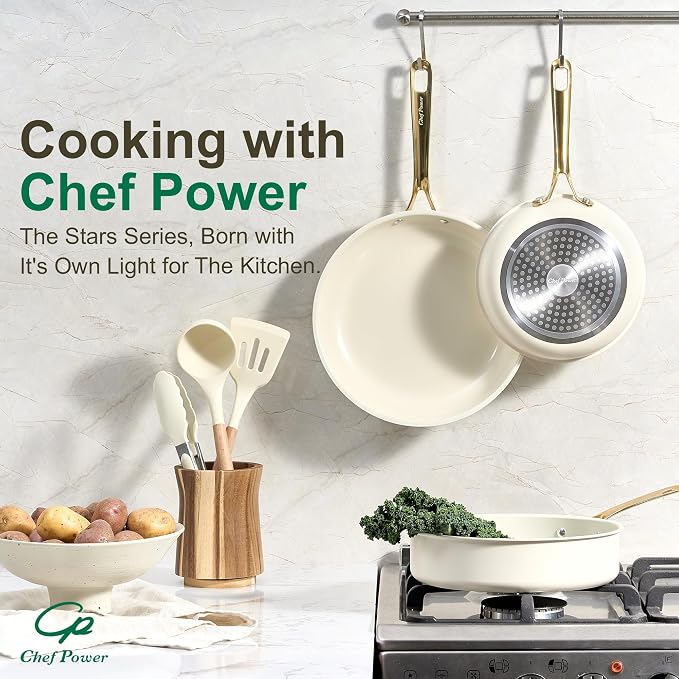 Ceramic Frying Pan with Stainless Steel handle 5Pcs Set, Non Stick Grill Pan Set, Dishwasher and Oven Safe, Cream White and Light Gold Handle