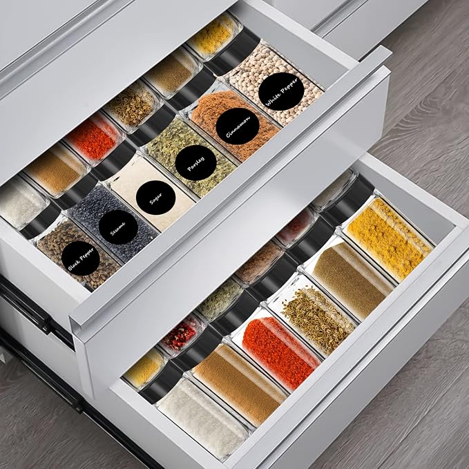 Saiveina 12 Pack Glass Spice Jars with Labels, 4oz Spices Containers Spice Jars with Black Shaker Lids, Empty Containers for Spice, Silicone Funnel and Pen Included