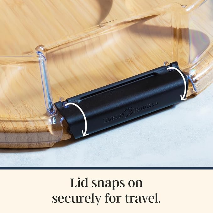 Totally Bamboo Flip, Serve & Store Reversible Charcuterie Board with Lid | Round portable serving board with 5 compartments and locking travel cover. Cutting side includes juice groove for prep.