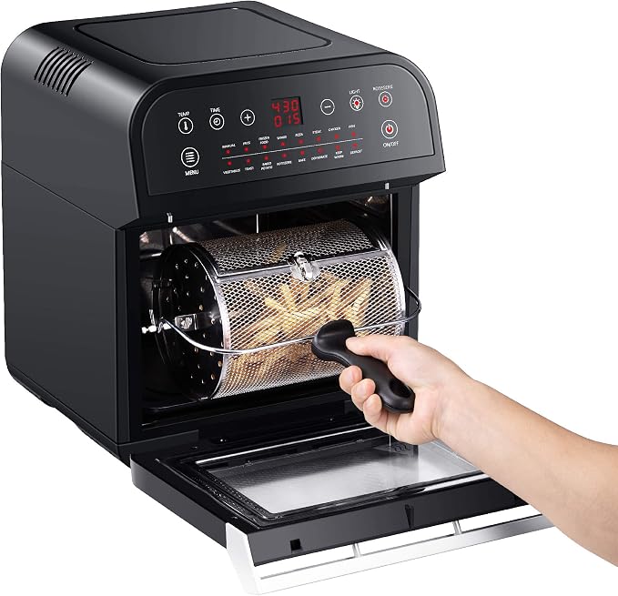 GoWISE USA GW44800-O Deluxe 12.7-Quarts 15-in-1 Electric Air Fryer Oven with Rotisserie and Dehydrator + 50 Recipes QT, Black/Silver