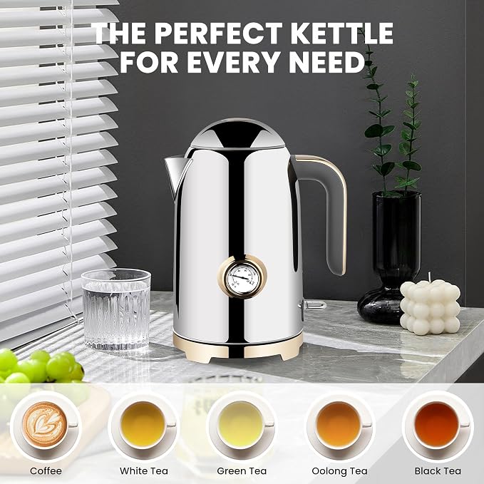 SUSTEAS 57oz Electric Kettle with Thermometer, Hot Water Pot, Glossy Silver | Electric Tea Kettle for Boiling Water, 1500W Stainless Steel Pot, Cordless LED Indicator, Auto Shut-Off & Boil Dry Protection