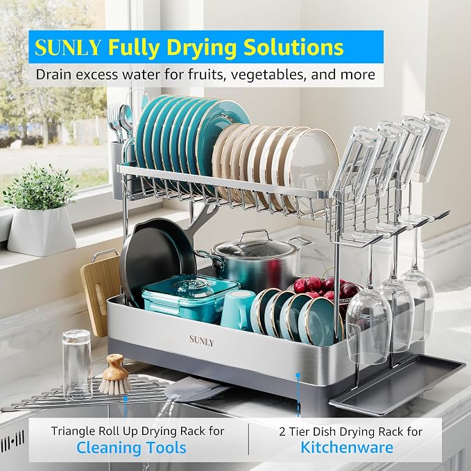 Large Dish Drying Rack, Multipurpose 2 Tier Dish Racks for Kitchen Counter, 304 Stainless, Extra Large Drain Board, Gray