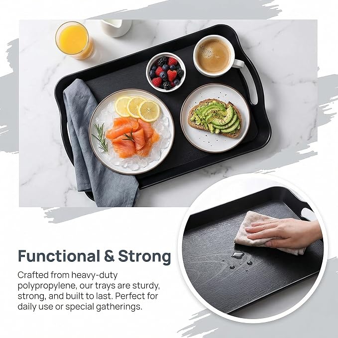 Cedilis 3 Pack Black Serving Trays with Handles,16 x 11IN Rectangular Non Skid Multi-Purpose Plastic OttomanTray for Restaurant, Parties, Coffee Table, Kitchen