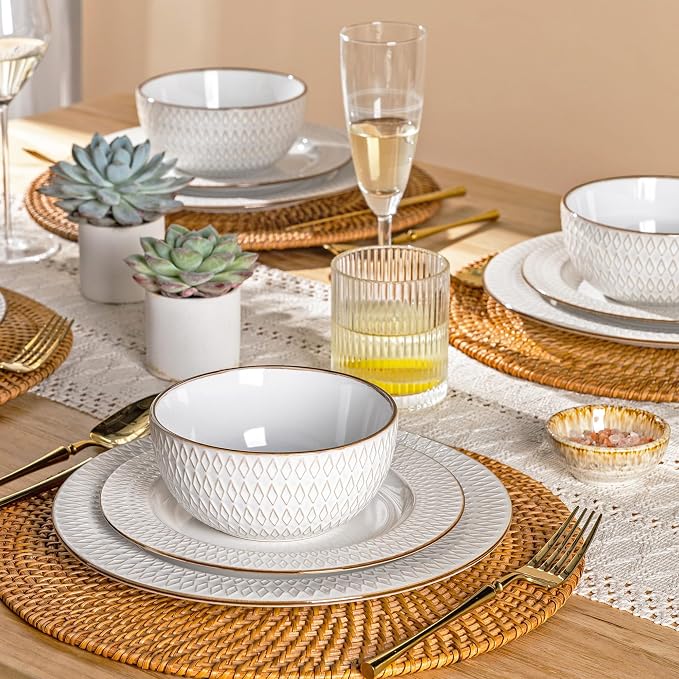 GBHOME Ceramic Dinnerware Sets of 8,24 pcs Plates and Bowls Sets Dishes | Embossed Elegant Stoneware Dishes Set | Dishwasher & Microwave Safe | Service for 4