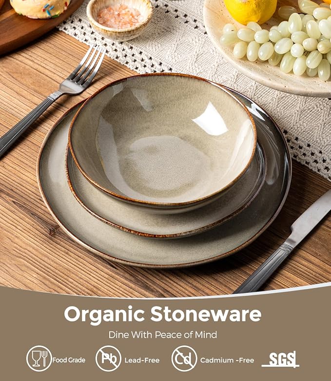 GBHOME Stoneware Dinnerware Sets for 4,12 Piece Rustic Plates and Bowls Set | Earthenware Handmade Reactive Glaze Plate Sets, Chip Resistant Ceramic Dishes, Microwave & Dishwasher Safe, Driftwood Taupe