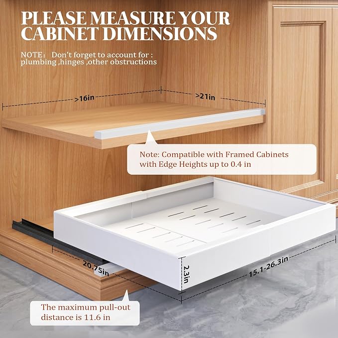 Seinloes 4 Pack Expandable Pull Out Cabinet Organizer 21"Deep With Raising Pad for Framed Cabinets,Upgrade 3 Slide Rails Slide Out Drawers,No Drill Roll Out Shelves,Adjustable Width 15.1"-26.3" White