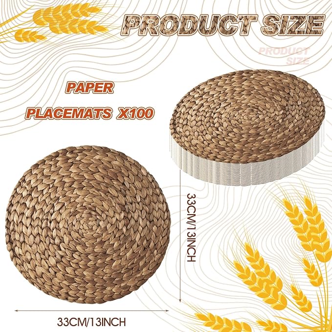 Sinmoe 100 Pcs Disposable Paper Placemats Bulk,Brown,Woven | Paper Charger Place Mat Party Charger Plates Table Place Mats for Dinner Wedding Birthday Baby Shower Spring Dining Tableware