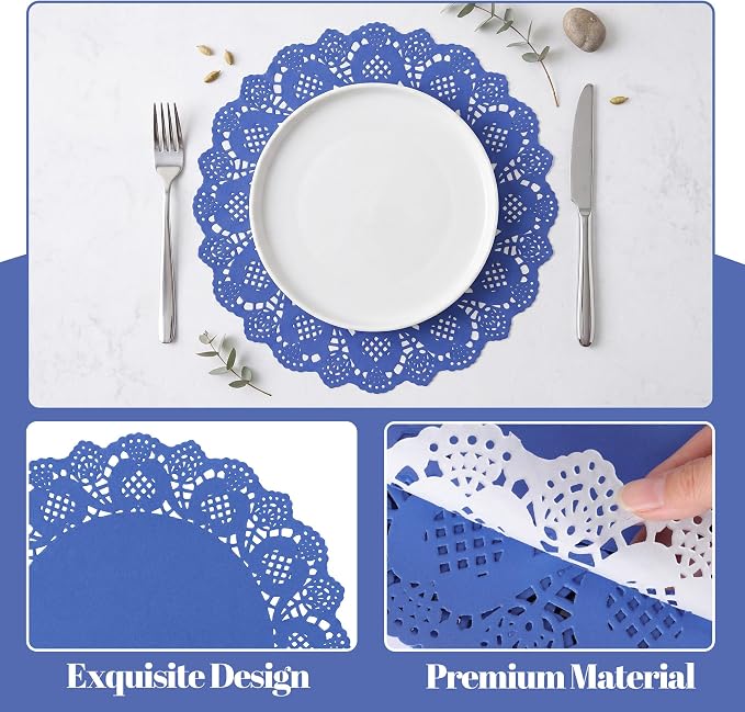 300 Pack 13.5 Inch Round Blue Paper Doilies, Disposable Lace Placemat | Rustic Scallop Doily Table Pads, Heavy-Duty Paper Place Mats for Cakes, Crafts, Parties, Weddings, Buffet, Home Decor