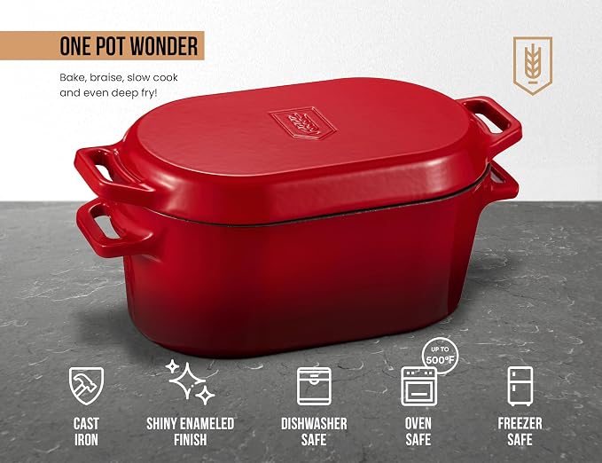 KooK Oval Dutch Oven, for Bread Baking, Sourdough Loaf Pan, Dual Handles, Enameled Cast Iron, with Sling, Dishwasher Safe, 3.4 Qt, Cherry Ombre