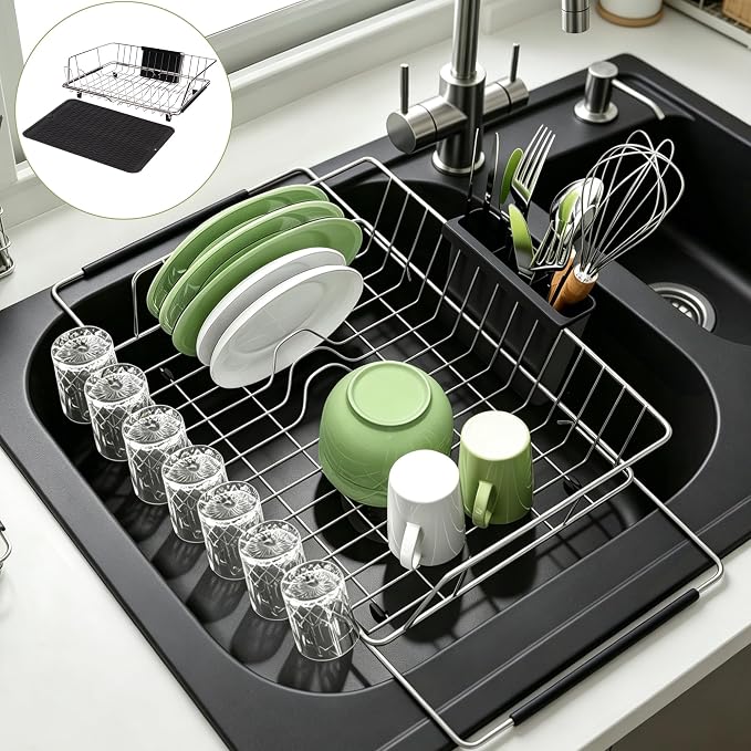 in Sink Expandable Dish Drying Rack with Silicone Mat-Extra Large Stainless Steel Dish Drainer Over The Sink with Utensil Holder, Applicable for Sink Width 16'-22' (Silver,23.2'*12.2')