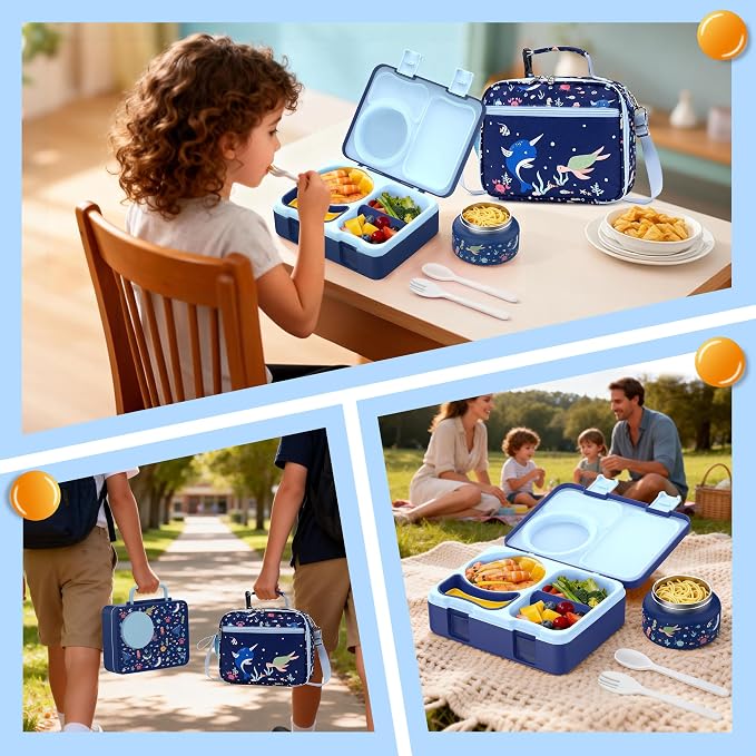Bento Box for Kids, Leakproof Kids Lunch Box with 8.5OZ Thermo Food Jar & Lunch Bag, 3-4 Compartments Toddler Insulated Lunch Box for Girls, BPA Free Lunch Containers for School Daycare