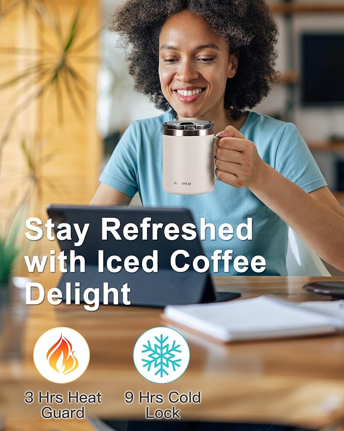 RAYMYLO Insulated Travel Coffee Mug with Handle, Coffee Tumbler Cup 12oz | Detachable Lid for Thoroughly Clean, Thermal Cup with Double-Wall Stainless Steel Vacuum Insulation, Spill Proof & BPA Free