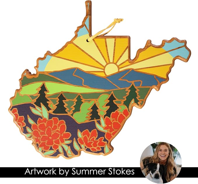 Totally Bamboo West Virginia State Shaped Cutting Board, Summer Stokes Art | State charcuterie board with colorful hand-drawn landscape art. Smooth reverse side for food prep. Hang tie for wall display.