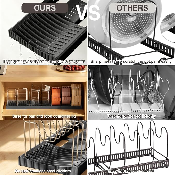 Magheo Pots and Pans Organizer Under Cabinet, Expandable 12.6"-22.8" Kitchen Cabinet Organizer Holder with 10 Adjustable Dividers for Food Storage Container Lid, Cookie Sheet, Cookware(1 Pack, Black)