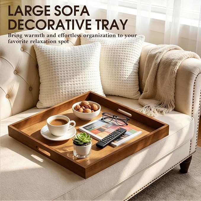 Extra Large Ottoman Tray, 24" Square Black Walnut Wood Serving Tray | Farmhouse Wooden Decorative Tray with Handles, Oversized Coffee Table Tray, Serving Platter Tray for Living Room, Countertop