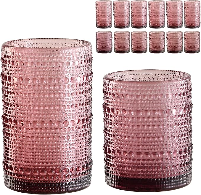 ZMOWIPDL Drinking Glasses Set of 12,Purple 12oz & 15oz Hobnail Glass Cups | Vintage Glassware，Embossed Water Tumbler,for Beer,Cocktail,Whiskey,Juice and Various Mixed Drinks- 1 Cleaning Brush