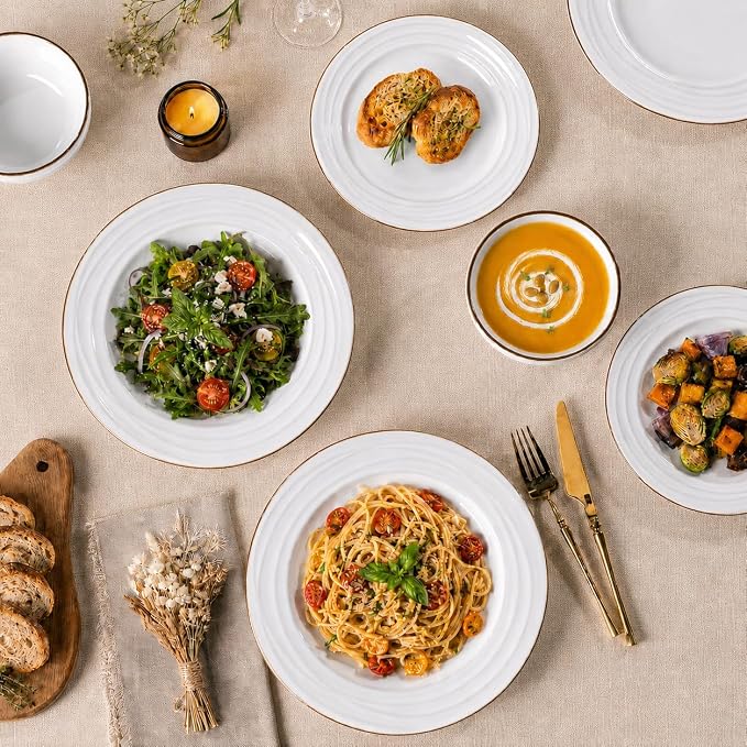 GBHOME Ceramic Dinnerware Sets,12 pcs Embossed Elegant Stoneware Plates and Bowls Sets, Housewarming Wedding Gift | Dishwasher & Microwave Safe | Dishes Set Service for 4 | Embossed Elegant Stoneware Dishes Set | Dishwasher & Microwave Safe | Service f...