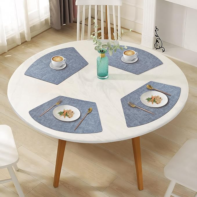Round Table Placemats Set of 6, Faux Leather Wedge Shape Place Mats Heat Resistant Wipeable Washable Table Mats for Dining Outdoor Indoor, Blue
