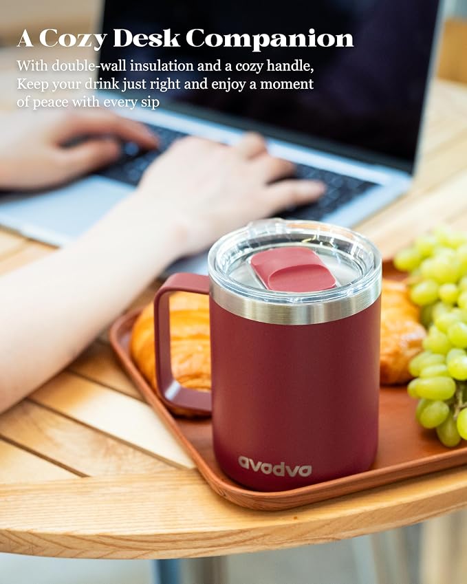 12oz Insulated Coffee Mug with Lid – Includes Two Lids, Stainless Steel Coffee Travel Mug with Handle, Double Wall Vacuum Insulated Camping Mug for Home, Office & Outdoor, Red