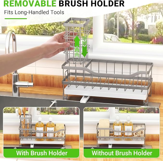 Sink Caddy, Sponge Holder for Kitchen Sink, Gray | Self-draining Sink Organizer with Removable Brush Holder, Metal Sponge Rack for Countertop, Fits Soap Dispenser & Scrubber