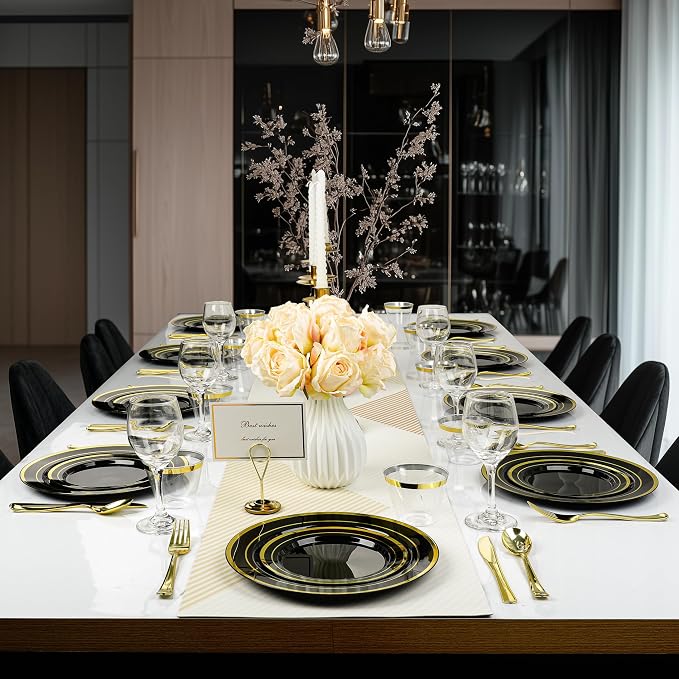 BESTVIP 600PCS Black Gold Dinnerware Set for 100 Guests, Plastic Plates | for Party, 100 Black Gold Disposable Plates, 100 Dessert Plates, 100 Cups, 100 Spoons, 100 Forks and 100 Knives