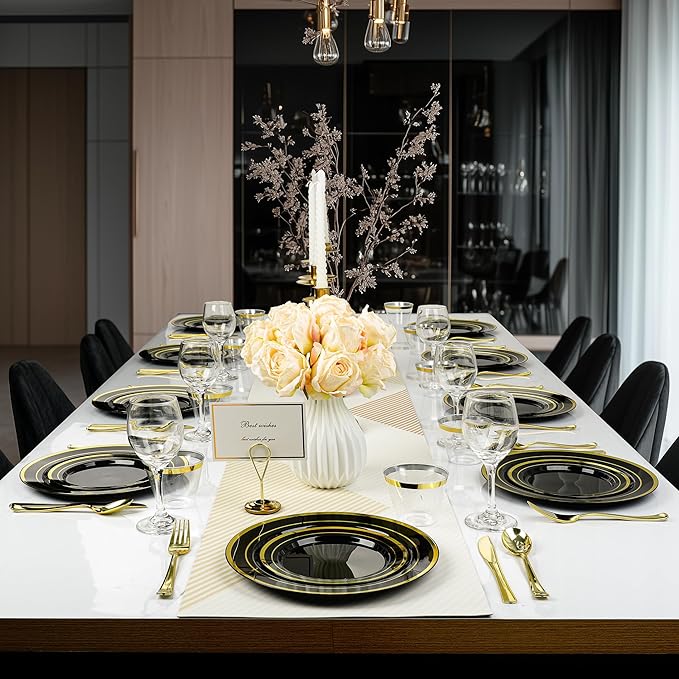 BESTVIP 300PCS Plastic Dinnerware Set, Black Gold Disposable Plates | for Party, Wedding, Anniversary, Includes: Dinner Plates, Dessert Plates, Cups, Spoons, Forks and Knives(50 Guests)