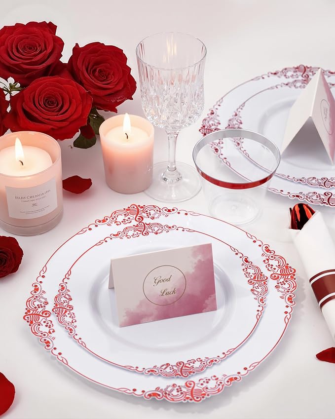 Nervure 175Pcs Red Plastic Plates, Red Plastic Dinnerware Set for 25 Guests | 25 7.5" Dessert & 25 10.25" Dinner Plastic Plate, 75 Cutlery, 25 9oz Cup, 25 Napkin for Wedding & Party, BPA-free, Heavy-duty
