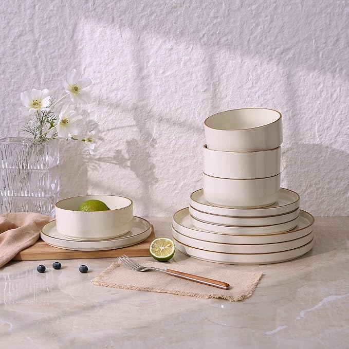 Famiware Nebula 12-Piece Dinnerware Set, Vanilla White with Brown Rim | Stoneware Dish Set for 4, Plates and Bowls, Microwave and Dishwasher Safe, Chip and Scratch Resistant