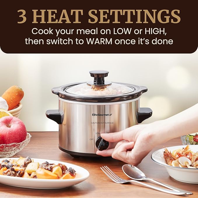 Maxi-Matic MST-250XS Electric Ceramic Slow Cooker, 1.5 Qt, Stainless Steel | Adjustable Temp, Dishwasher-Safe Glass Lid & Crock - Great for Entrees, Sauces, Stews & Dips