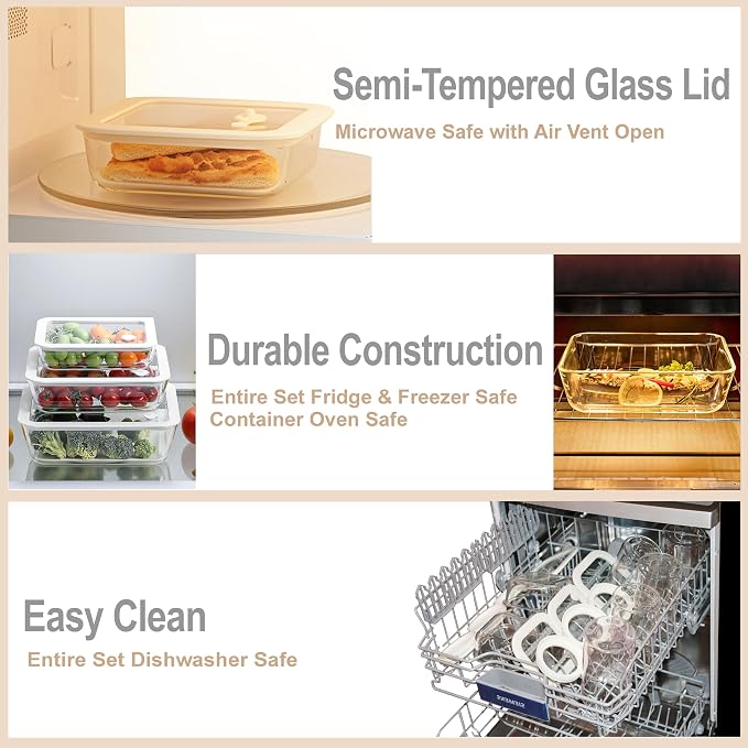 Glass Food Container Set with Glass Lid, 3 Pack, Meal Prep Containers with Silicone Framed Airtight Lid, Leakproof, 100% Plastic Free,