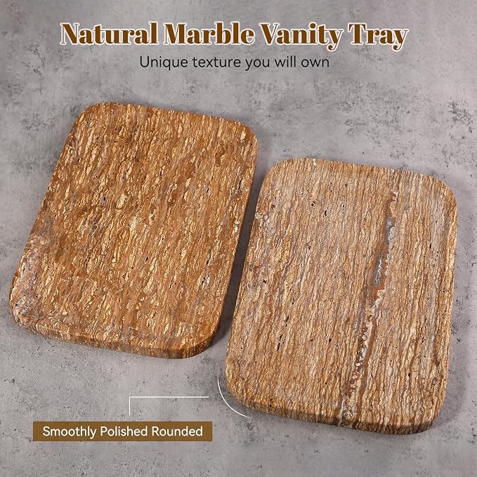 Karibiber Natural Marble Vanity Tray, 11.8" Travertine/Stone Bathroom Tray Countertop, Golden Stone for Perfume Jewelry Holder, Decorative Dresser Organizer, Storage for Kitchen Sink(Walnut Traver)