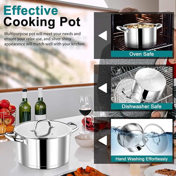P&P CHEF 6 Quarts Stock Pot with Lid, Stainless Steel Stockpot for Cooking | Cooking Pot for Soup, Pasta, Tri-Ply Bottom for Induction, Gas, Ceramic, Glass Lid & Double Handle, Dishwasher Safe