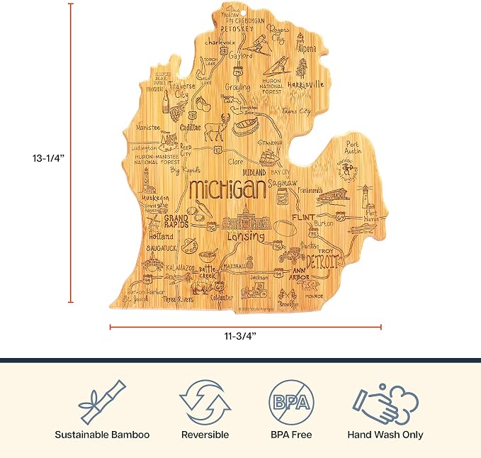 Totally Bamboo Destination Michigan Mitten Shaped Cutting Board | Michigan mitten charcuterie serving board. Engraved map art. Smooth reverse side for food prep. Hang tie for wall display.