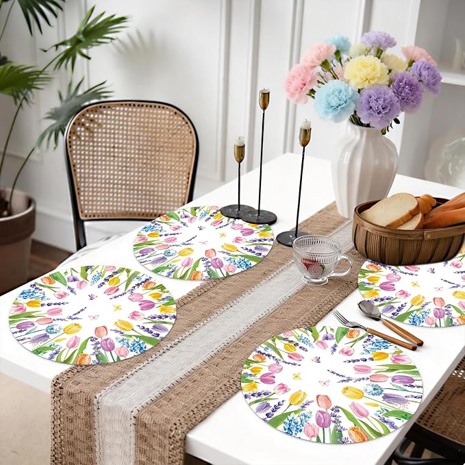 50PCS Summer Paper Placemats Floral Disposable Paper Placemats | Tulip & Lavender Round Table Mats for Birthday Wedding Baby Shower Party Decoration