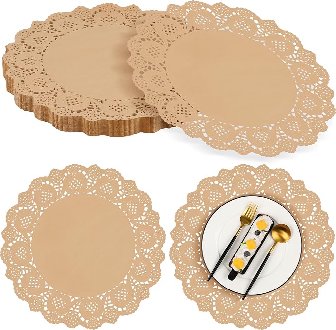 MCEAST 100 Pack Round Brown Kraft Paper Doilies 13.5 Inches Lace Paper Place Mats Rustic Scallop Doily Disposable Table Pads for Food Cakes Crafts Party Weddings Tableware Decor