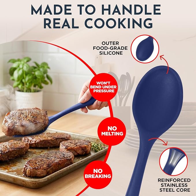 Culinary Couture Blue Silicone Kitchen Utensils Set of 6, Non-Stick Heat-Resistant Silicone Kitchen Utensils Set with Steel Inner Core