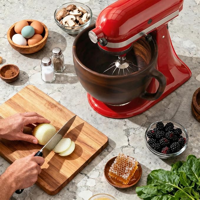 Cofun Premium Wood Mixing Bowl for KitchenAid 4.5-5 Qt Stand Mixers | Natural True Wooden Bowls, Wooden Bowl for KitchenAid with Stainless Steel Locking Base, Handle