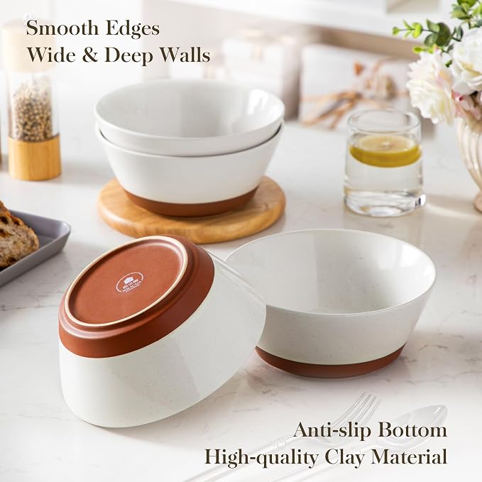 MALACASA Soup Bowls, Ceramic Salad Bowls Set of 4, 36oz Ceramic Bowls | Speckled Deep Bowls for Ramen, Cereal, Fruit and Pho, Microwave & Dishwasher Safe, Vanilla White & Brown, Series TARA