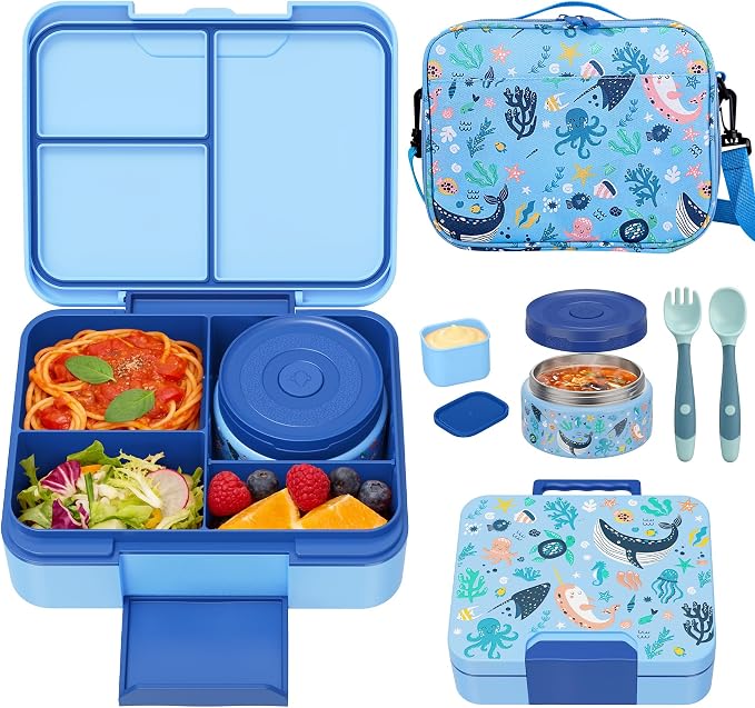 Kids Bento Lunch Box Set with 9.5oz Soup Thermo, Leak-Proof Lunch Food Containers with 3 Compartment and Removable Inner Tray, Insulated Hot Food Jar with Lunch Bag for School, Office, Sea Blue
