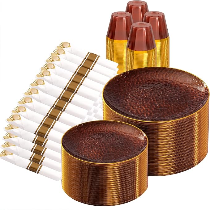 Rubtlamp 700Pcs Amber Gold Plastic Dinnerware Set, Hammered Clear Gold Plates, Fancy Plastic Plates Include 100 Dinner Platos, 100 Salad Platos, 100 Cups,100 Pack Pre Rolled gold plastic Silverware