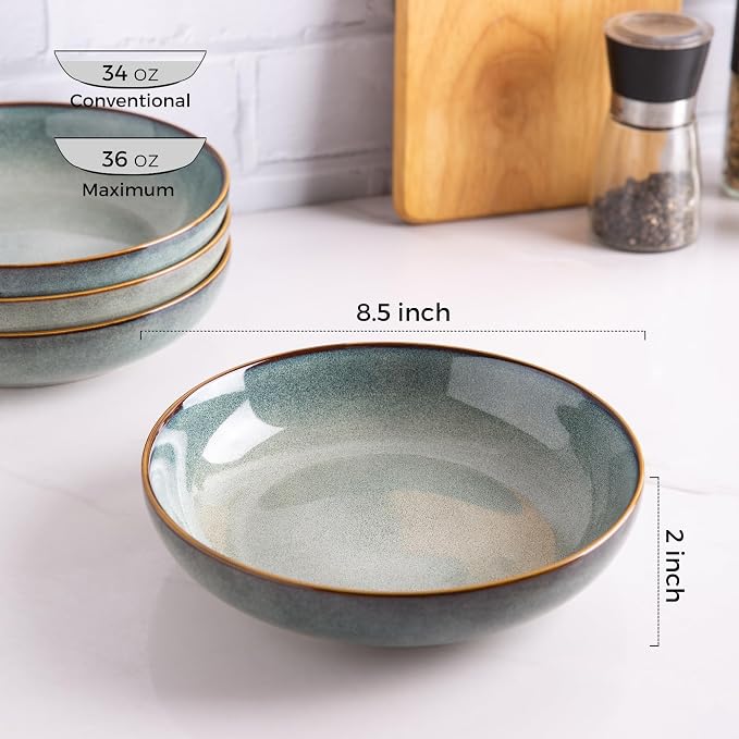 AmorArc 8.5’’ Ceramic Pasta Bowls Set of 6, 36oz Large Stoneware Bowls Set | Large Dinner Serving Bowls Set, Wide Bowl Plate for Pasta,Salad, Soup, Microwave Safe, Reactive Glaze-Ocean Blue