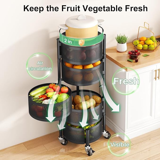 SAYZH 5 Tier Fruit Vegetable Basket Stand for Kitchen, Rotating, Black | Rolling Storage Cart with top lid, Large Metal Wire Rack for Potato and Onion Storage