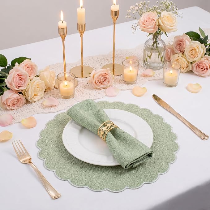 Set of 6 Sage Green Cotton Placemats 15" Round Scalloped White | Double Layered Cotton Fabric, Washable Embroidery, White Edge Edge, Rustic Table Mats for Wedding Dining Table Decor
