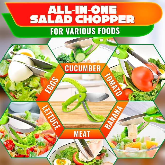 Salad Scissors for Chopped Salad, 8.9 In Stainless Steel | Double-Blade Lettuce Chopper Scissors; Chops Greens, Tomato & Herbs in Bowl, No Knife Needed; Anti-Splash Head; Safety Lock