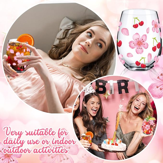 Sliner 2 Pack 17oz Cherry Blossom Stemless Wine Glasses Cherry and Flower Drinking Glasses Floral Tumbler Cups for Women Wedding Birthday Gift Parties Supplies