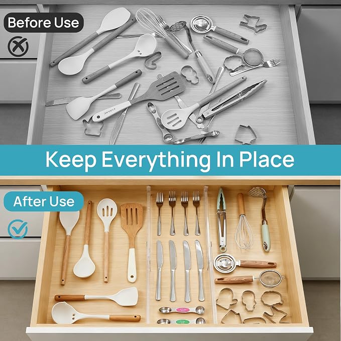 Vtopmart 4 Pack Shallow Drawer Dividers, 2.36" High 12.5"-20.8" Adjustable Expandable Kitchen Drawer Organizer, Clear Plastic Organizer Separators for Flatware, Utensil, Cutlery, Underwear, Clothes | Expandable Kitchen Drawer Organizer, Clear Plastic O...
