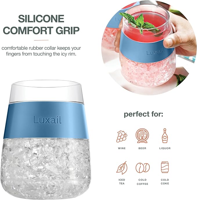 luxail Wine Glasses, Plastic Wine Glasses Set of 2, Wine Gifts, Double Wall Insulated Freezer Tumbler, Stemless Freezer cups for Red and white Wine, 8.5 Oz, Misty Blue