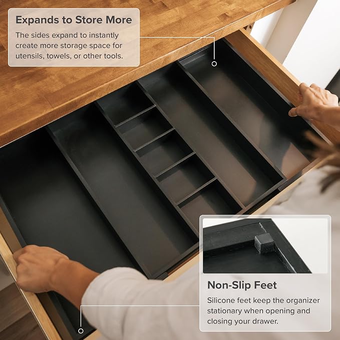 Utensil & Junk Drawer Organizer, 16-28 in, Black Bamboo | Food-safe contract grade, 100% sustainable wood, non-slip, adjustable