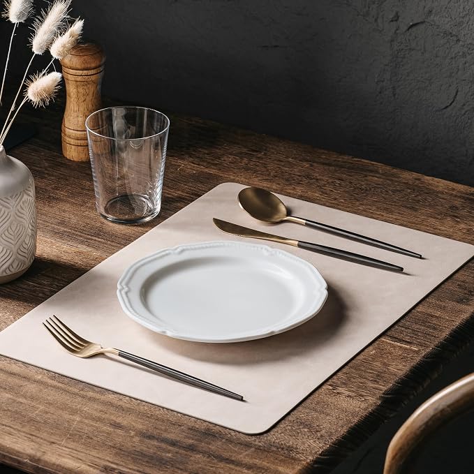 Placemats Set of 8, DOLOPL Reversible Dual-Color Faux Leather Place Mats 17"x11.8"– Waterproof, Heat Resistant, Washable & Wipeable, Luxury Retro Style for Kitchen, Dining Table (Beige & Light Grey)
